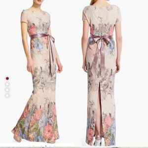 Adrianna Papell Floral Lace Maxi Dress with Satin Belt